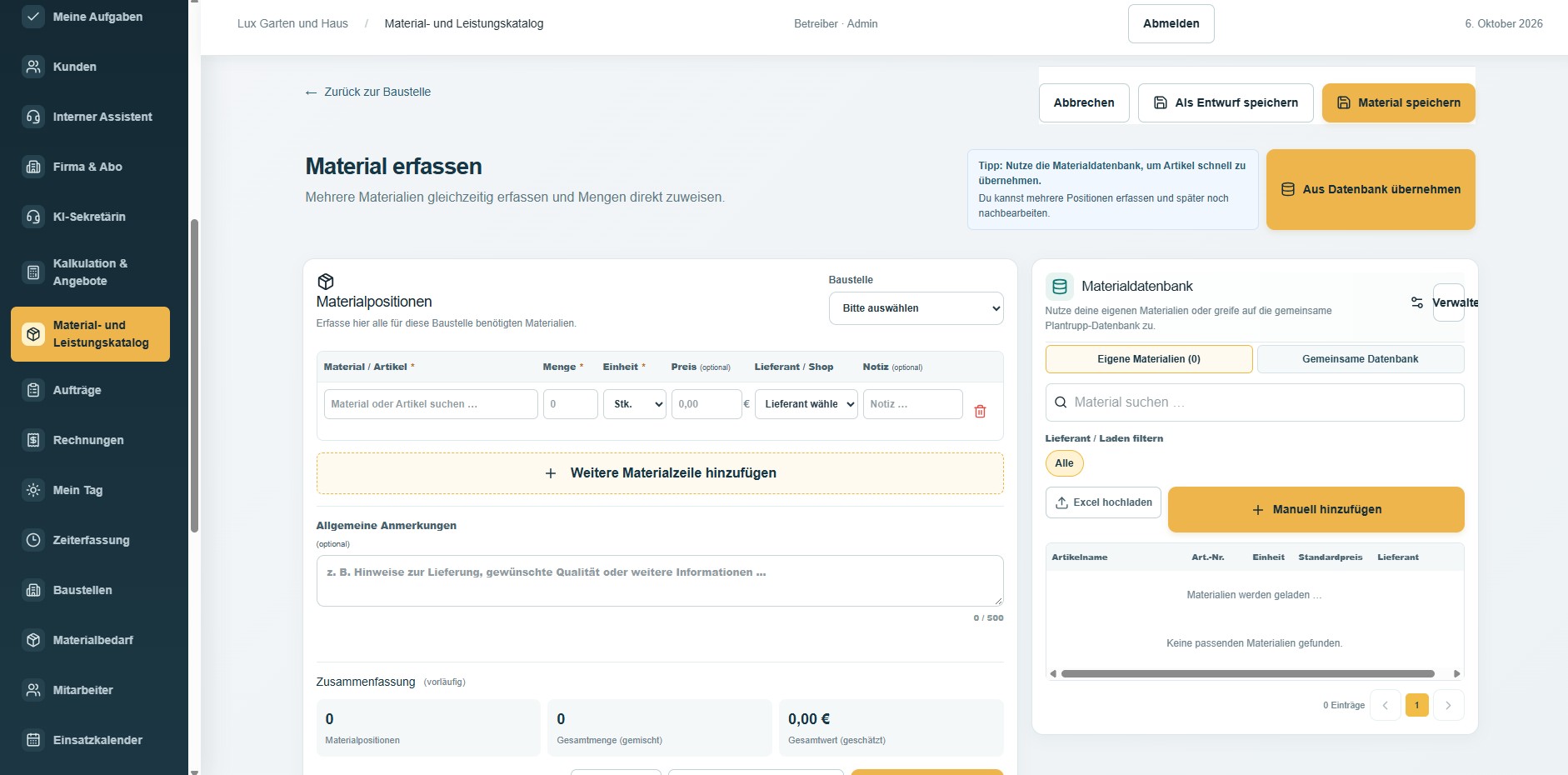 Plantrupp Software – Materialerfassung