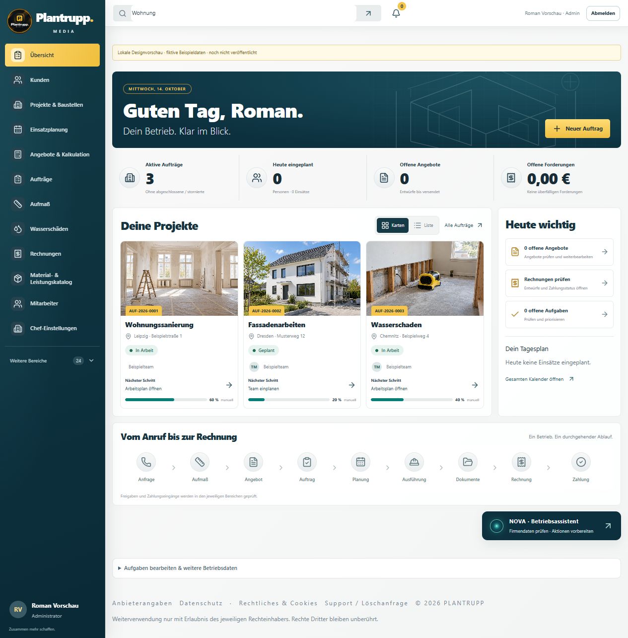 Plantrupp-App im lokalen Testbetrieb: Projektkarten für Wohnungssanierung, Fassade und Wasserschaden