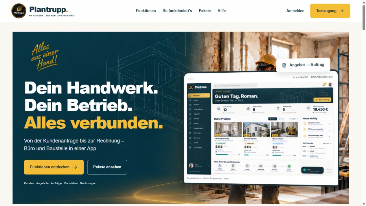Neue Plantrupp-Website mit Handwerksmotiv und App-Ansicht in Petrol und Gold